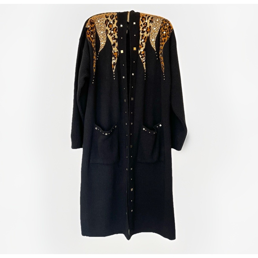 Vintage Focus USA Black Animal Print Rhinestone Mobwife Duster Cardigan Sz L/ XL